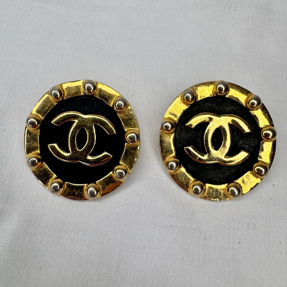 CHANEL Gold and Black Statement Earrings with Iconic CC Logo Vintage